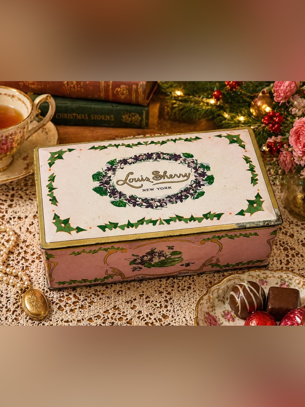 Louis Sherry Pink Floral Tin Violet Candy Box Vintage NY